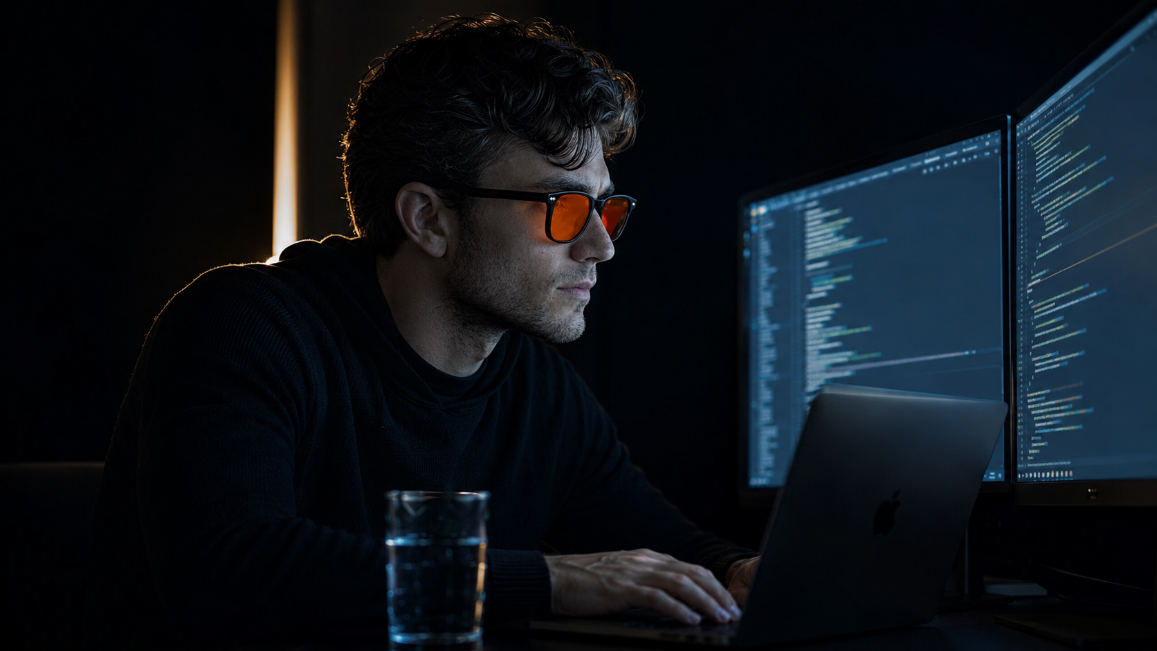 Person wearing sunglasses working on a laptop with code displayed on two monitors in a dark room.