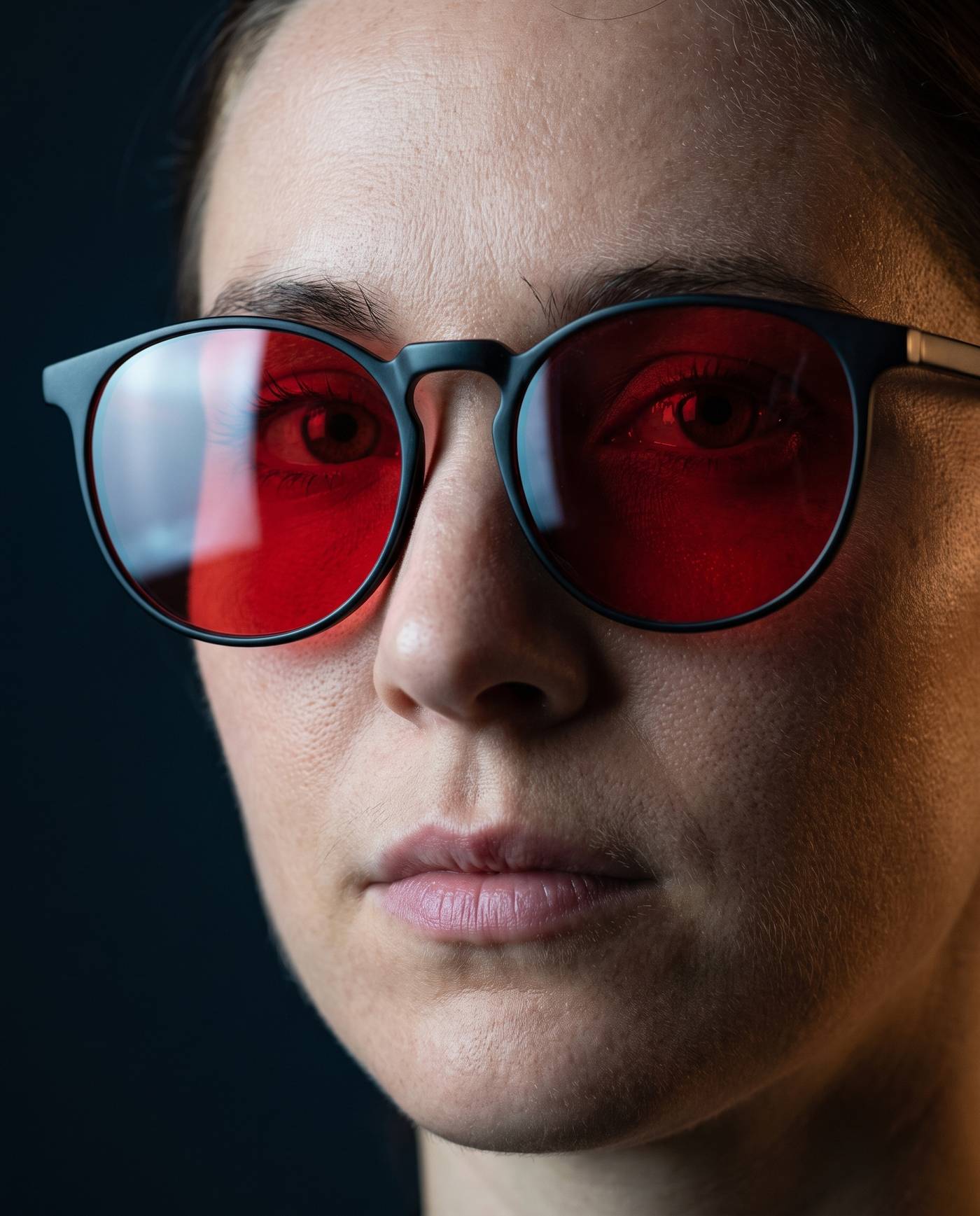 Close view of a face wearing Hueban SR glasses with red lenses